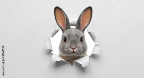 Wallpaper Mural Realistic rabbit portrait, paper breakthrough effect, curious bunny face, large ears, textured fur, white background, 3D illusion, whimsical animal art, photorealistic detail, trompe l'oeil, soft ligh Torontodigital.ca