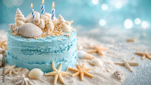 Fototapeta Naklejka Na Ścianę i Meble -  Shells and starfish on turquoise blue color cake on sea or ocean sand beach. happy birthday for boy celebration, summer marine aquatic invitation greeting card decoration.
