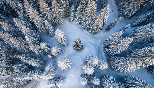 Generated image Drone shot of snow-dusted trees creating a symmetrical pattern, with a lone evergreen