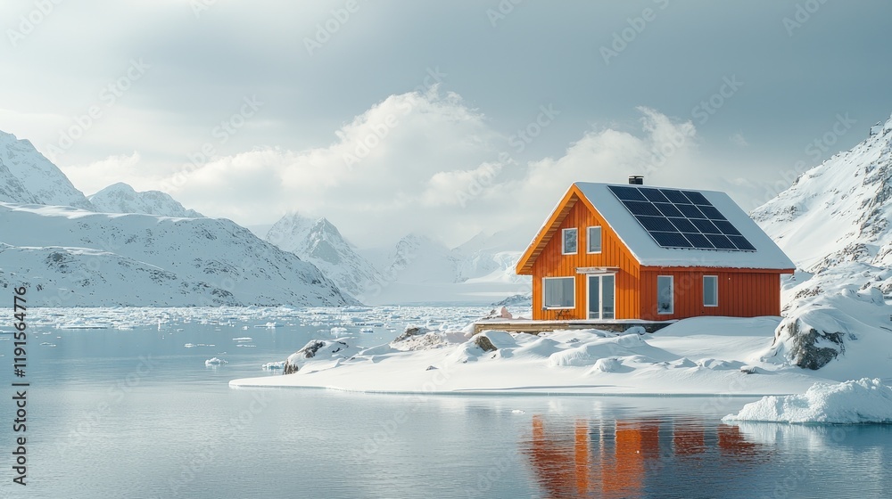 Fototapeta premium Orange Solar Cabin Nestled In Arctic Winter Mountains