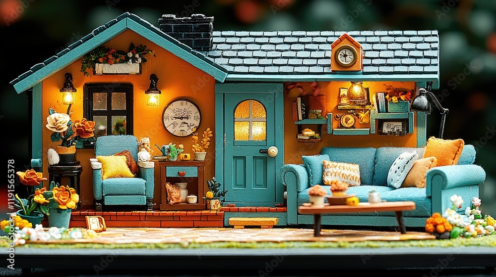 Naklejka premium Miniature Cozy Cottage House Living Room Scene