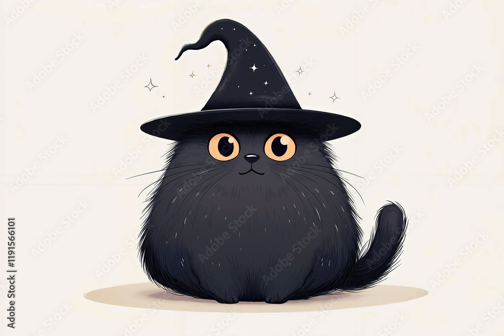 Fototapeta premium A black cat wearing a witches hat sitting on the ground