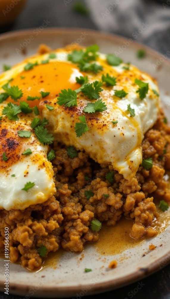 Close-up of Fried Eggs over Ground Meat with Cilantro Garnish on a Ceramic Plate Close-up of Fried Eggs over Ground Meat with Cilantro Garnish on a Ceramic Plate