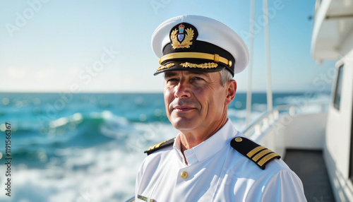 Captain in uniform smiling on ship deck against ocean backdrop