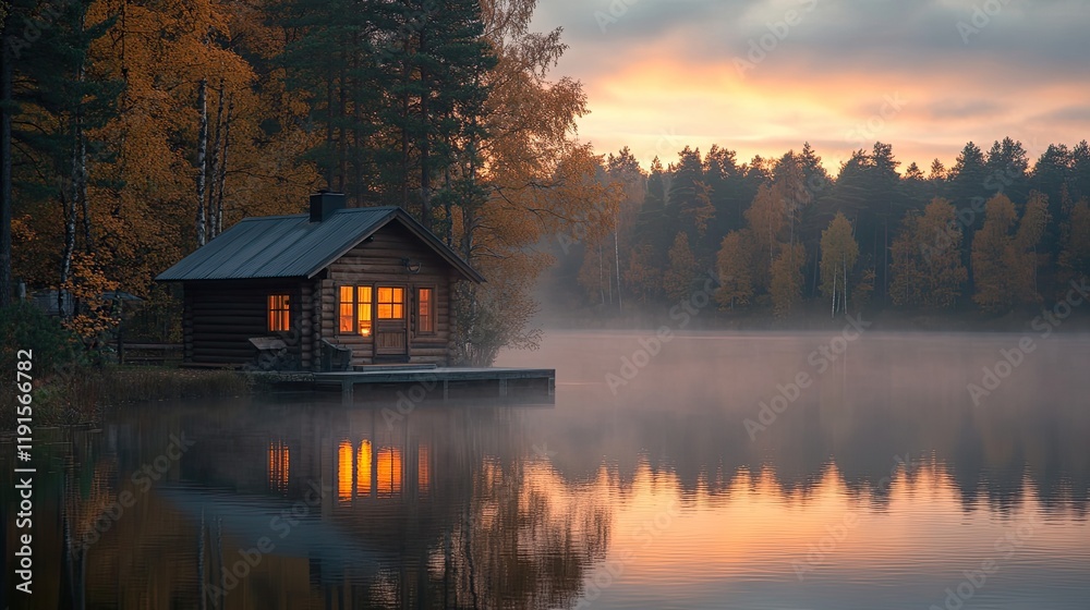 Fototapeta premium Illuminated Cabin on Calm Autumn Lake at Sunrise