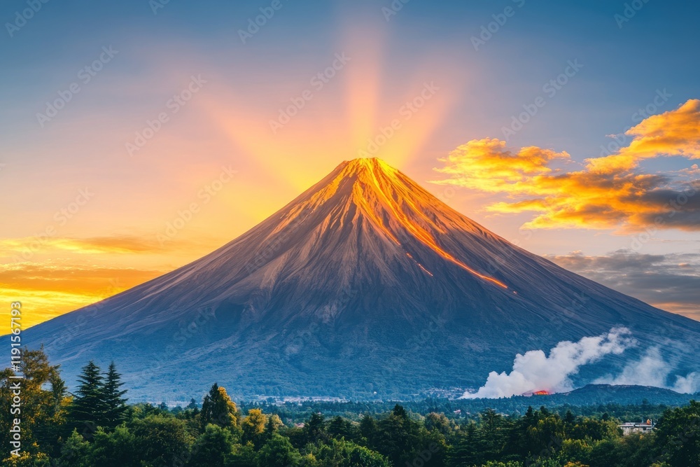 Fototapeta premium Breathtaking Sunrise Over Majestic Mountain with Vibrant Sky and Smoke in the Valley