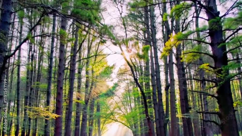 The first rays of sunlight piercing through a forest of budding trees. The first rays of sunlight piercing through a forest of budding trees.