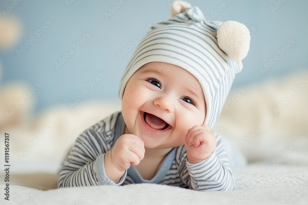 Happy baby smiling widely while lying on a soft surface in a cozy indoor setting Happy baby smiling widely while lying on a soft surface in a cozy indoor setting