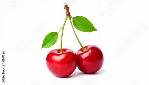 Wallpaper Mural Red cherries with green leaves on white background Torontodigital.ca