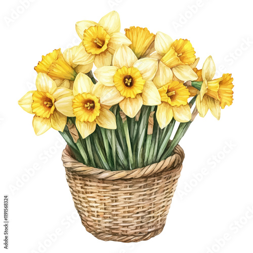 A watercolor painting of a daffodil bouquet in a basket, isolated on a white background. Daffodil bouquet vector.
