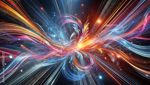 Dynamic futuristic background with flowing ribbons of light, vibrant colors, and glowing gradients for an energetic digital look. Generative AI