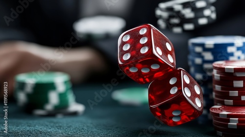 A pair of red dices sitting on top of a pile of poker chips photo