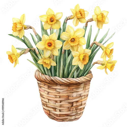 A watercolor painting of a daffodil bouquet in a basket, isolated on a white background. Daffodil bouquet vector.
