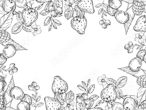 Berries vector frame hand drawn in ink. Border with strawberry, cherry, raspberry and blueberry branches isolated on white background.Template for label design