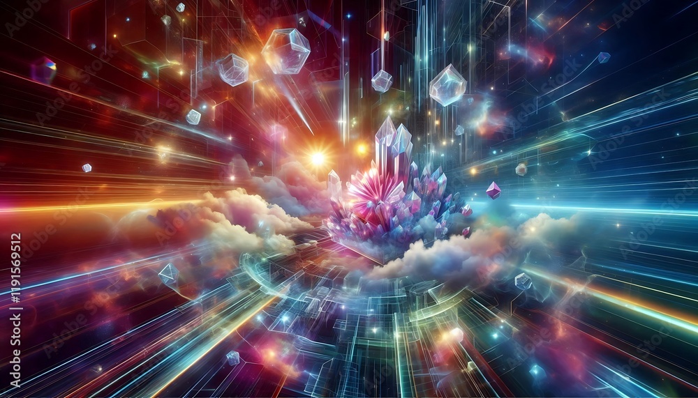 Naklejka premium Surreal futuristic background with floating crystalline structures, vibrant refracted light beams, and holographic vibrant clouds. Generative AI
