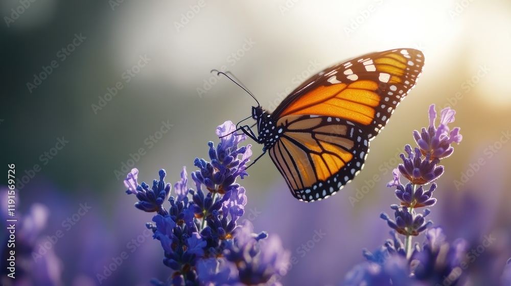 Obraz premium Monarch Butterfly on Lavender in Sunlight