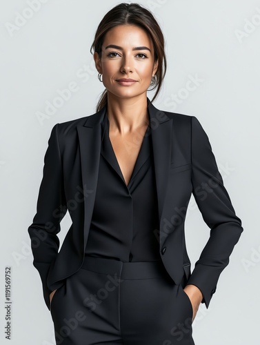 A woman in a black suit is posing for a picture