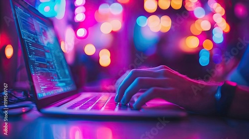 Hands Typing Code on Laptop in Neon Light