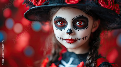 Girl wearing a halloween costume with skull makeup