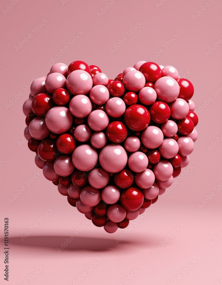 Heart-shaped cluster of red and pink glossy spheres on a pink background. 3D rendered illustration. Valentine's Day concept. Design for greeting cards, posters, banners, and invitations. Heart-shaped cluster of red and pink glossy spheres on a pink background. 3D rendered illustration. Valentine's Day concept. Design for greeting cards, posters, banners, and invitations.