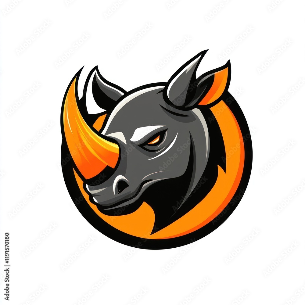 Fierce rhino head logo, orange circle, white background, mascot design Fierce rhino head logo, orange circle, white background, mascot design