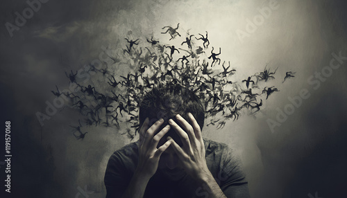 Inner Struggle, Internal Conflict, Mental Health, Anxiety, Schizophrenia, Overwhelming Thoughts Concept Image. photo