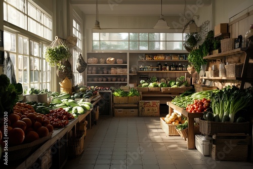 Fresh produce display in a rustic market setting with abundant vegetables and greenery