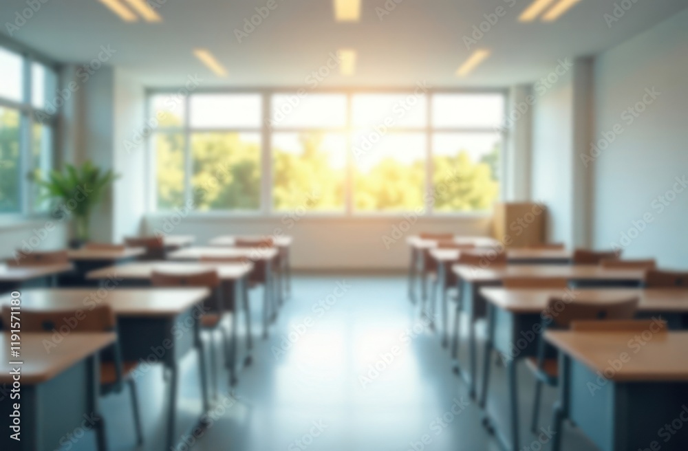 Fototapeta premium Beautiful blurred background of bright classroom and study room with panoramic windows and beautiful lighting. Blurred Empty school background