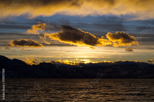 Sunset Over Mountains Water Blue Sky Dramatic