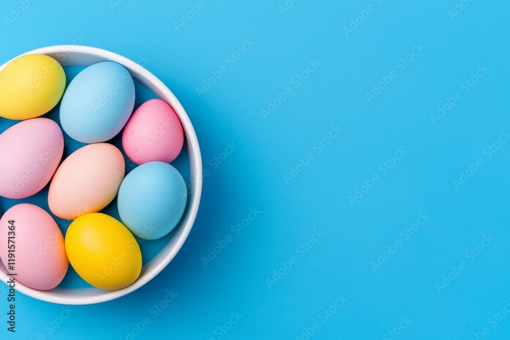 Fototapeta premium A straw basket filled with painted Easter chicken and quail eggs, seen from above