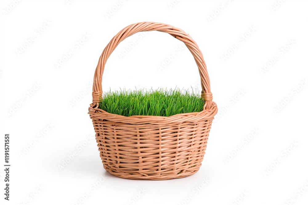 An Easter basket filled with grass, set against a white background An Easter basket filled with grass, set against a white background