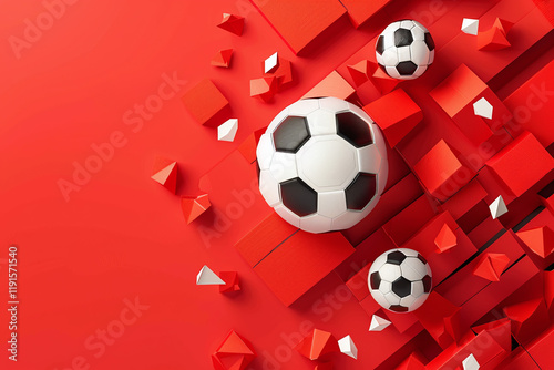 Abstract Red Background with Soccer Balls and Hexagonal Shapes for a Modern Sports Design