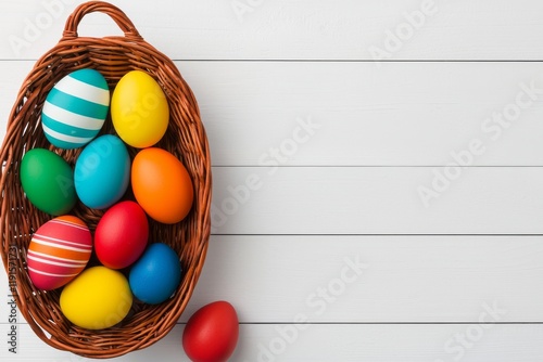 An overhead shot of a white wooden table adorned with a basket of colorful Easter eggs and flowers, featuring copy space