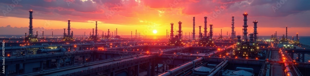 Panorama of industrial refinery pipelines network at sunset, infrastructure, pipelines Panorama of industrial refinery pipelines network at sunset, infrastructure, pipelines