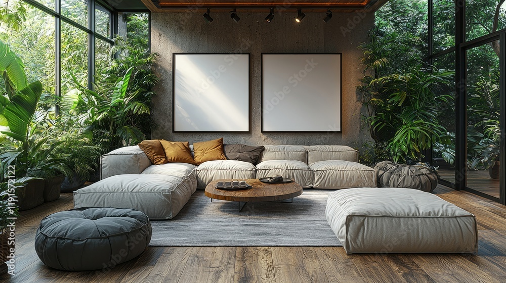 Obraz premium Modern Living Room Design With Lush Greenery and Blank Canvas