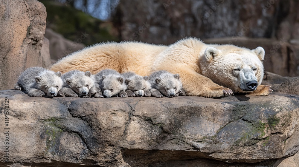 Polar bear rests with her adorable cubs on a rocky outcrop in a wildlife sanctuary