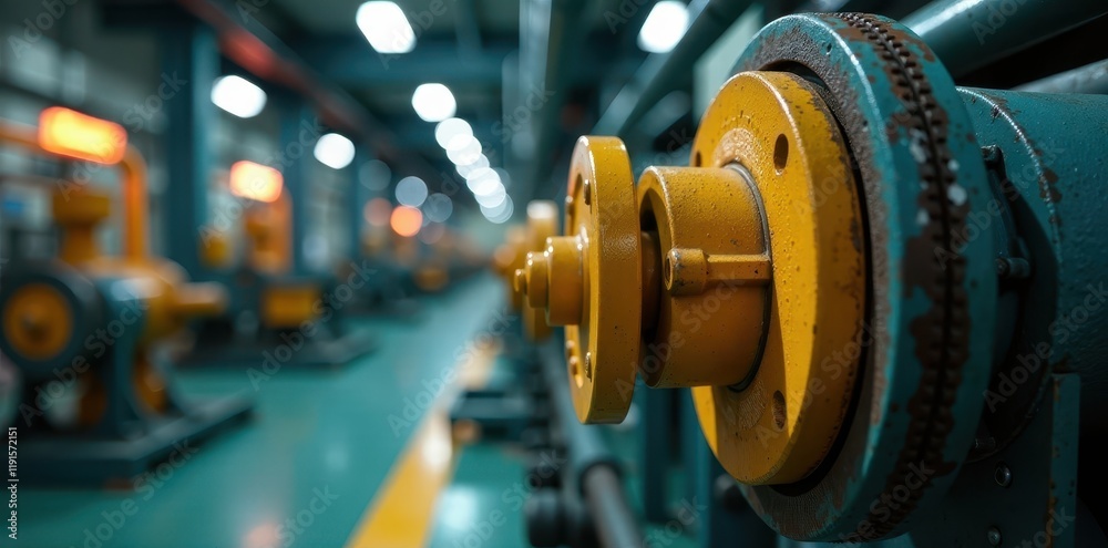 Obraz premium Close-up of oil rig machinery, industrial setting, valve, cogs