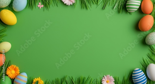 An Easter scene with fresh green grass and painted eggs set against a spring background