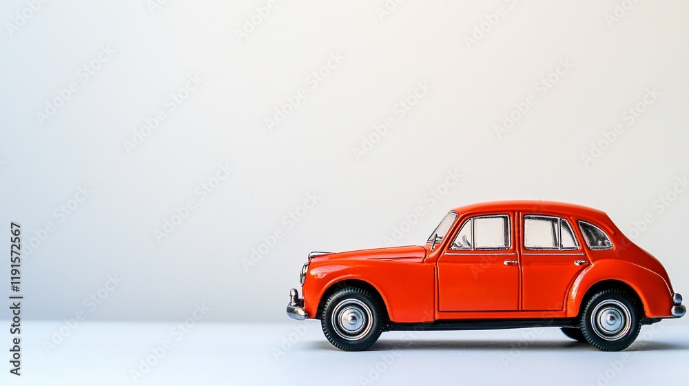 Obraz premium Classic red toy car displayed on a minimalistic white background