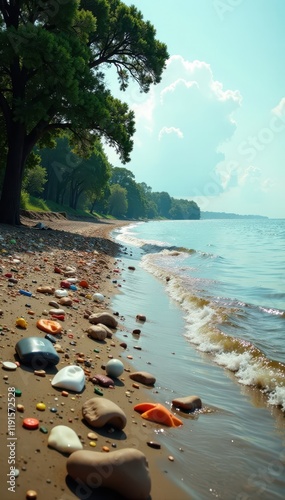 Fast-moving spring floodwaters inundate a beach littered with refuse , catastrophe, water
