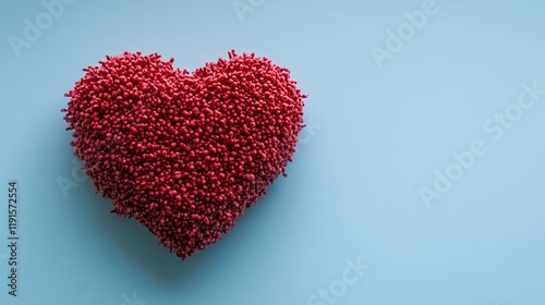 Red decorative heart made of tiny beads on a light blue background