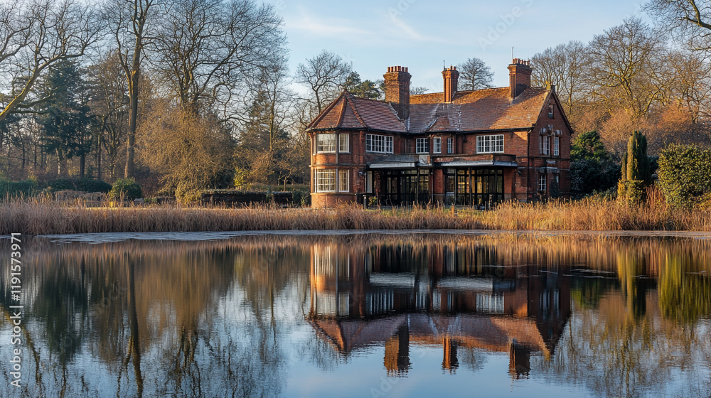Fototapeta premium Charming house reflected in serene lake surrounded by trees in early morning light