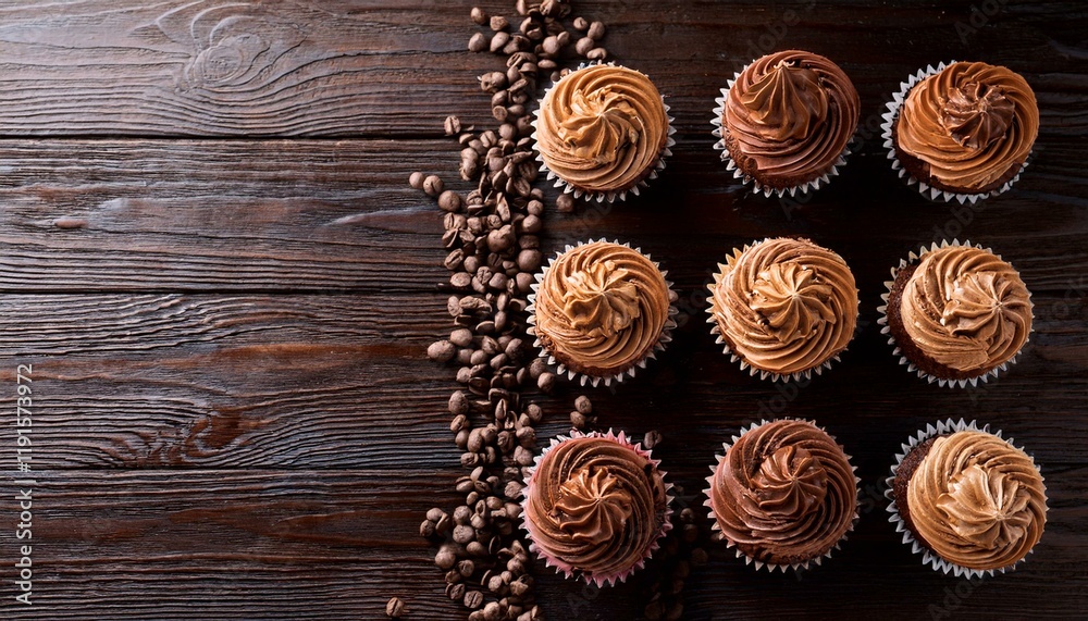 Generated image Creative food concept. Rows of chocolate chip Cupcake muffin cake with topping frosting 