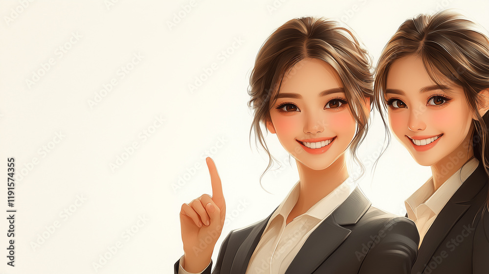 Two young women, dressed in sleek business suits, stand side by side in a light background, smiling confidently as one gestures positively, reflecting teamwork and enthusiasm. Two young women, dressed in sleek business suits, stand side by side in a light background, smiling confidently as one gestures positively, reflecting teamwork and enthusiasm.