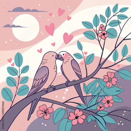 A pair of lovebirds perched on a branch surrounded and celebrate valentine's day