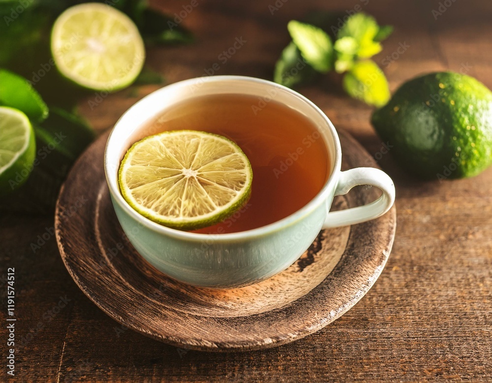 Generated image Cup of herbal tea with fresh lime slices on a rustic surface, aromatic and healthy beverage Generated image Cup of herbal tea with fresh lime slices on a rustic surface, aromatic and healthy beverage