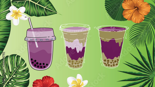 Bubble tea Coffee and milkshakes with boba balls Summer cold drink vector icons set