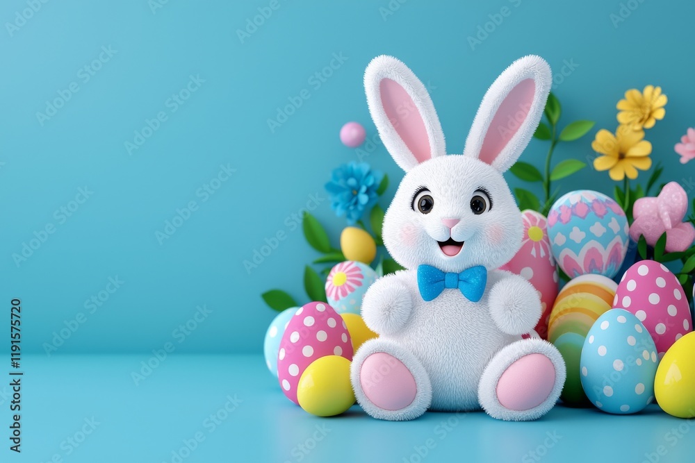 Obraz premium A frame filled with vibrant Easter eggs featuring the Easter Bunny. A humorous rabbit banner surrounded by colorful eggs. Happy Easter, ideal for card, postcard, or poster design