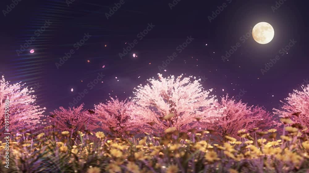 桜並木と花畑が広がる屋外（右へパン） - 夜桜