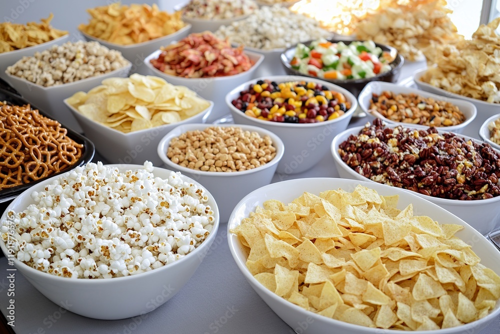 Set of many bowl with different salty snacks on light gray background. Chips, popcorn, nuts, nachos and pretzels. Party food. Top view Set of many bowl with different salty snacks on light gray background. Chips, popcorn, nuts, nachos and pretzels. Party food. Top view